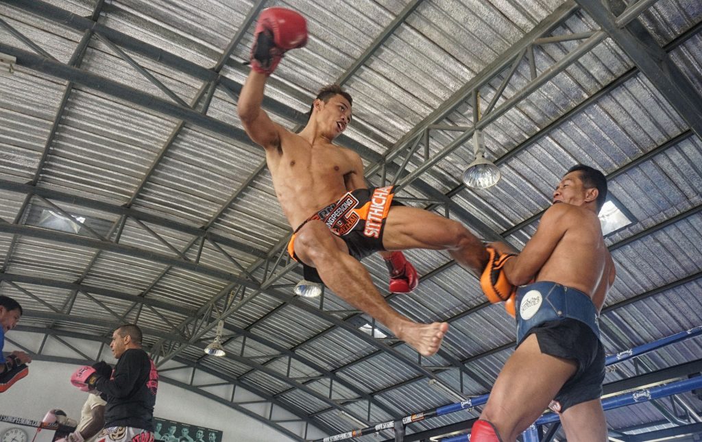 A martial artist performing a high kick.