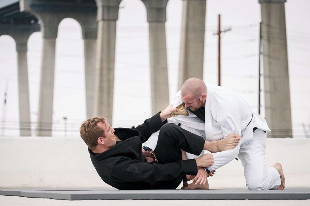 Two men doing a jiu jitsu move in front of a bridge.